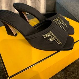 Fendi Black Crystal FF Logo Mule Heels